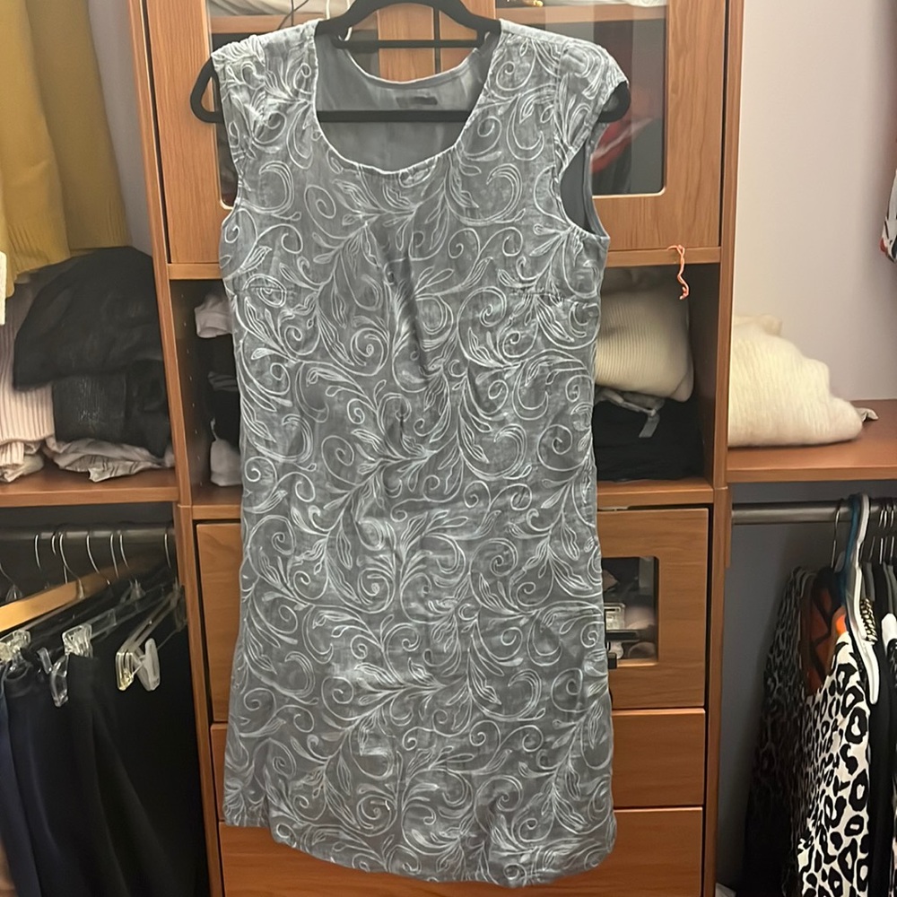 Grey linen summer dress with sewn on details